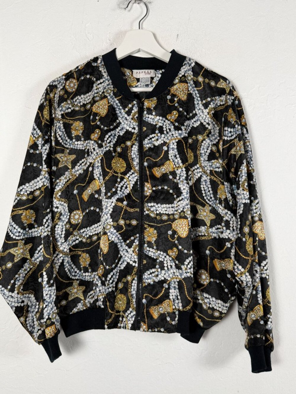 Vintage Papell Too Bomber Jacket Womens Medium Black Pearl Gold Chain Print Zip